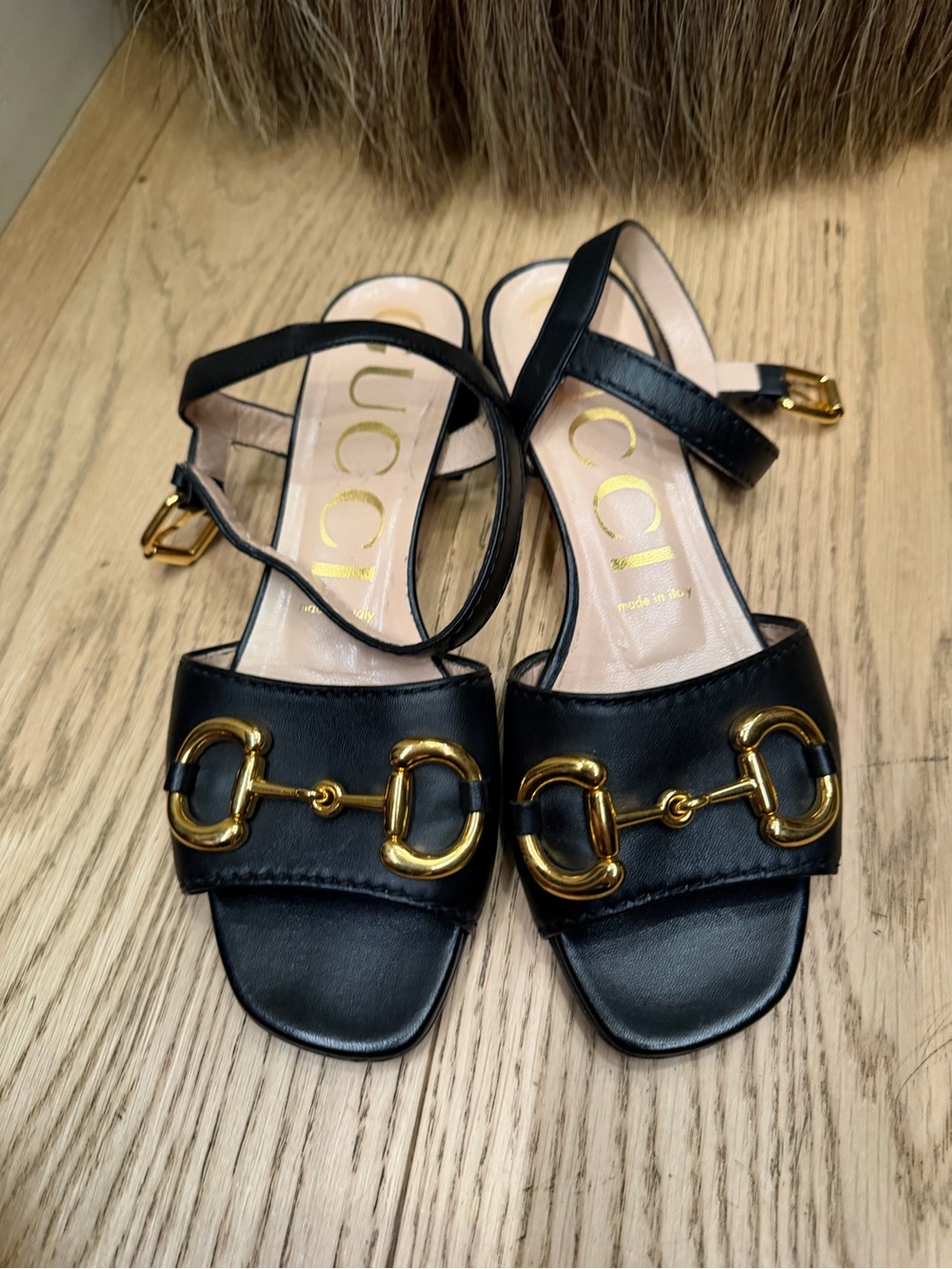 Gucci Black Leather Horsebit Open-Toe Slingback Sandals with Gold Hardware